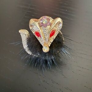 Fox Unique Elegant fold tone jeweled fox  Ring with black faux fur adjustable